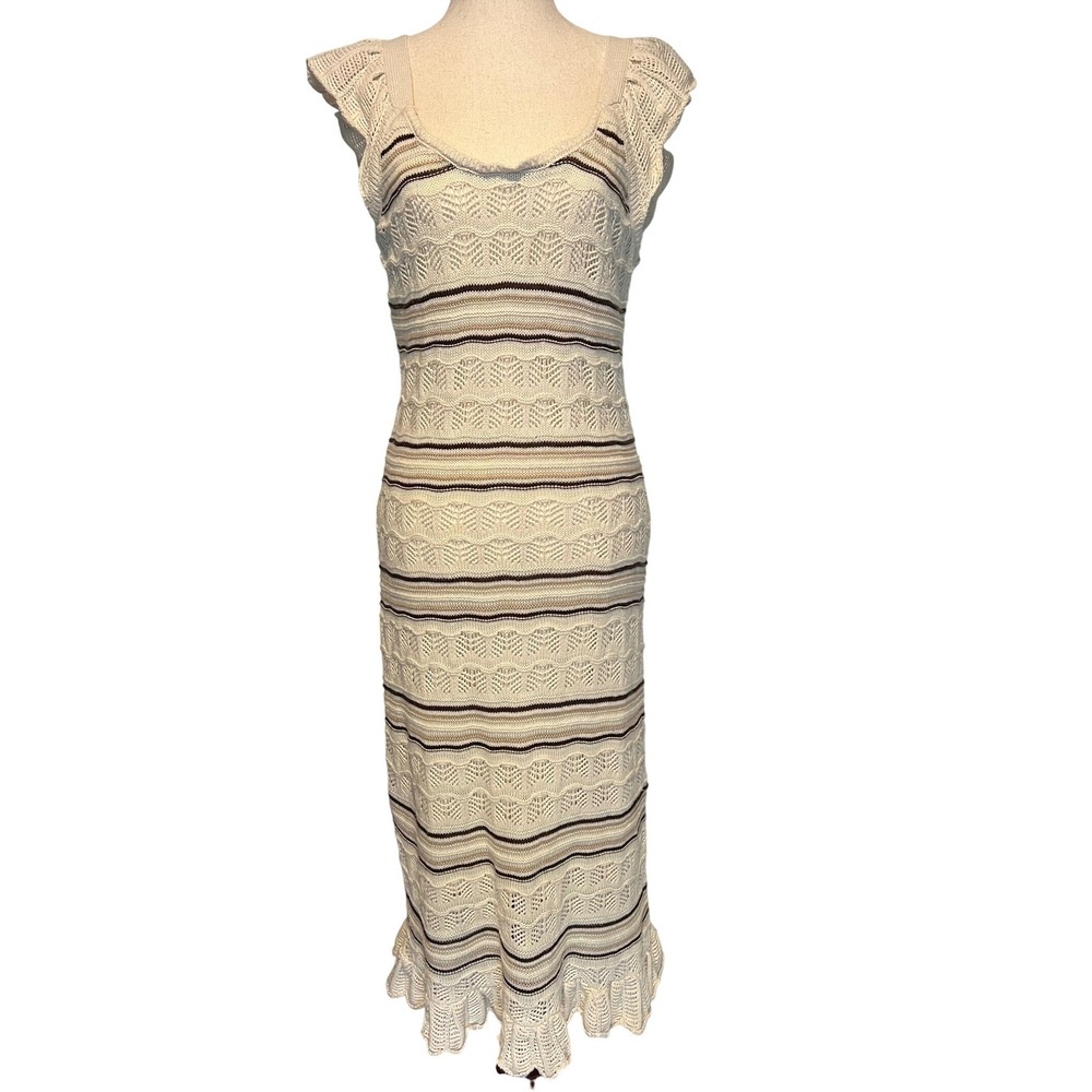 Women's L Crochet Knit Maxi Dress Cream Brown Stripe Ruffle Hem Cottagecore Boho